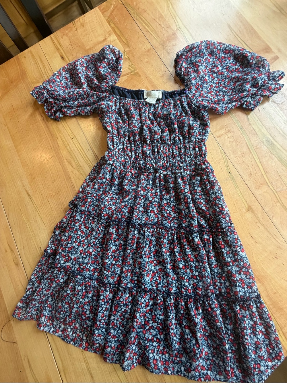 Altar'd State Navy Floral Smocked Puff-Sleeve Dress with Red Accents